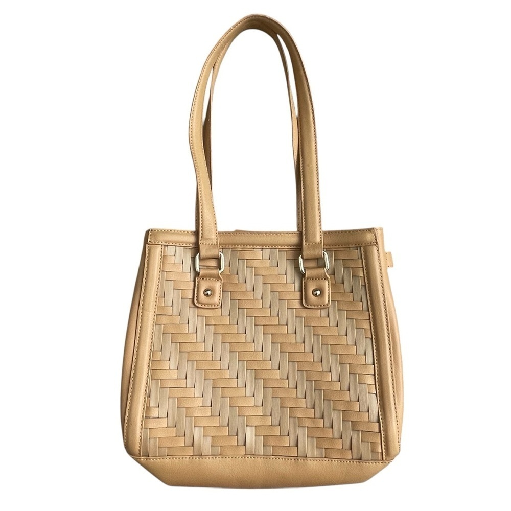 Longaberger Basket Woven Leather Shoulder Bag Stairstep Weave Caramel View 5